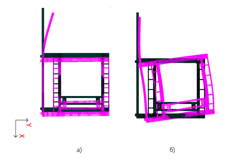 Деформированная схема от сейсмонагрузки Х (а) и  Y (б) при условии - тележка вблизи шарнирной опоры